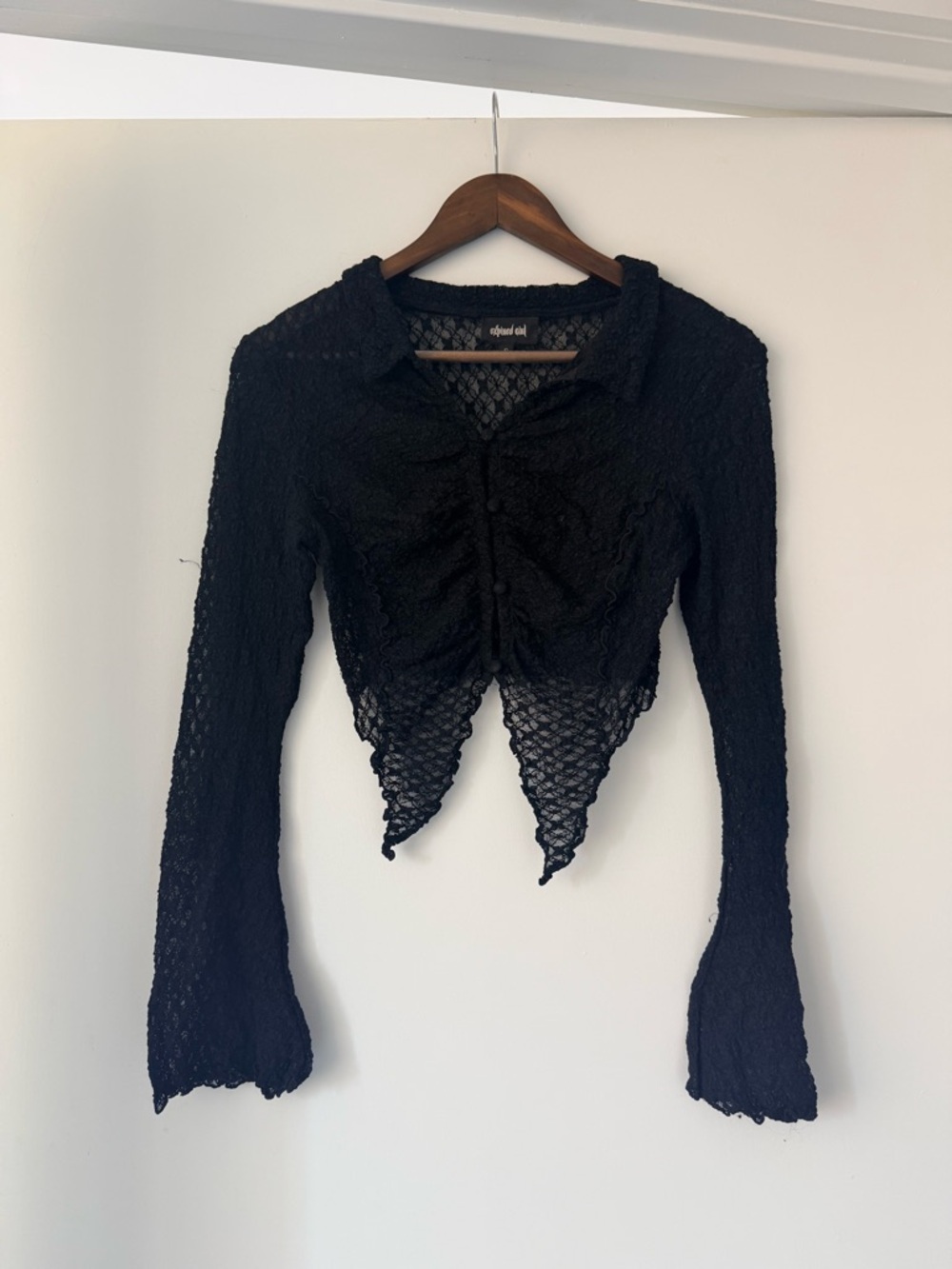 Sheer Black Lace Ruched Crop Top with Collar